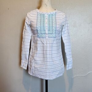 Vineyard Vines White Blue Pinstripe Coastal Cotton Embroidered Long Sleeve Top